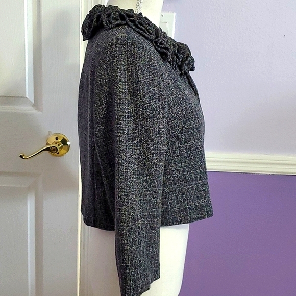 Danny & Nicole Charcoal Lettuce Ruffled Neck Long Sleeve Career Cropped Jacket - Picture 3 of 12
